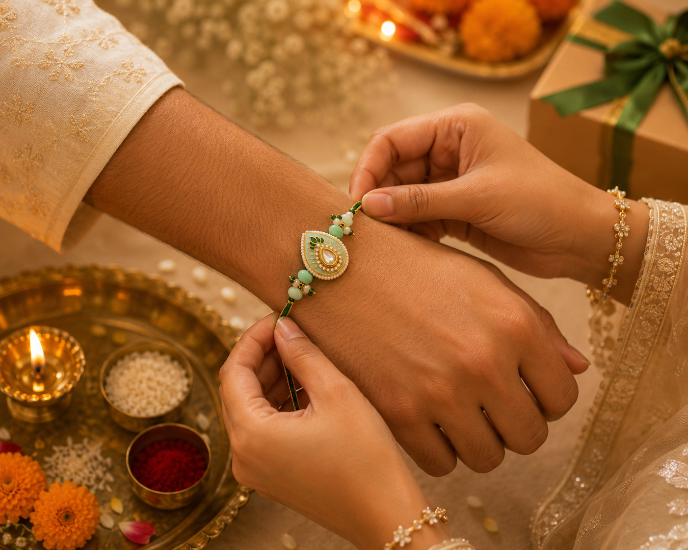 Mint Green Kundan Designer Rakhi
