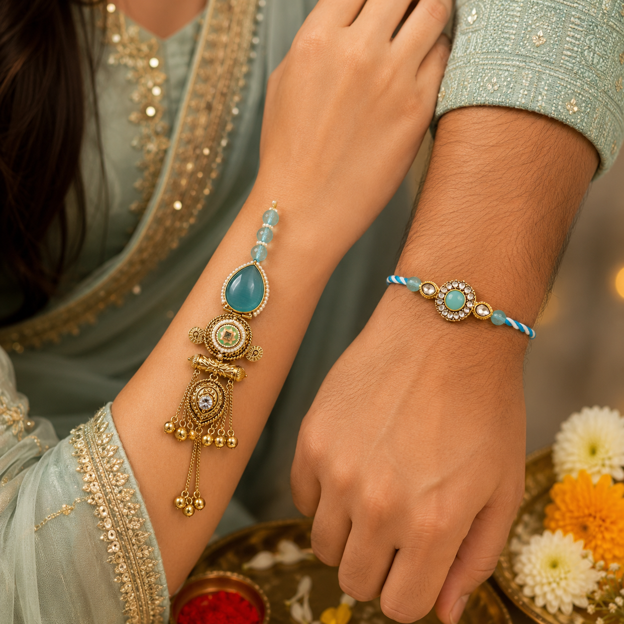 Pastel Blue Bhaiya Bhabhi Rakhi Set – Designer Lumba & Stone Rakhi Combo