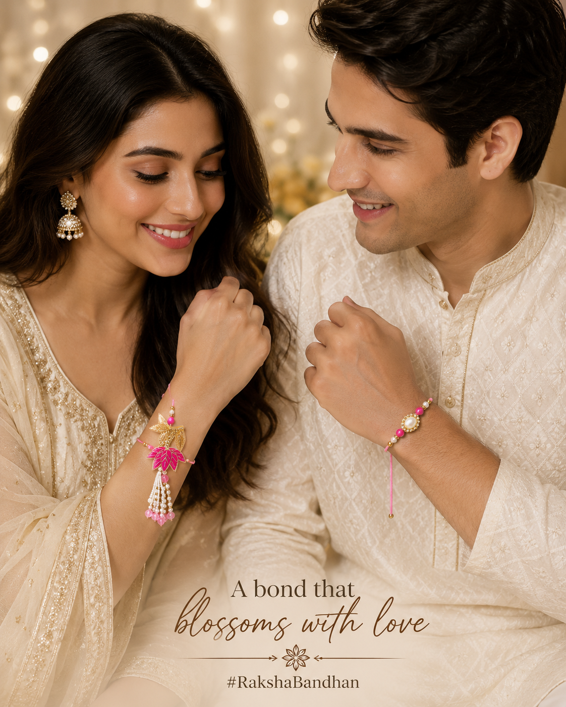 Elegant Pink Bhaiya Bhabhi Rakhi Set with Floral Lumba & Pearl Tassels