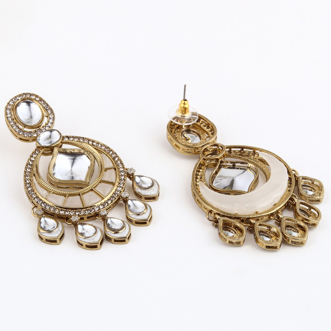 Kundan Chandbali Earrings with Teardrop Danglers- White