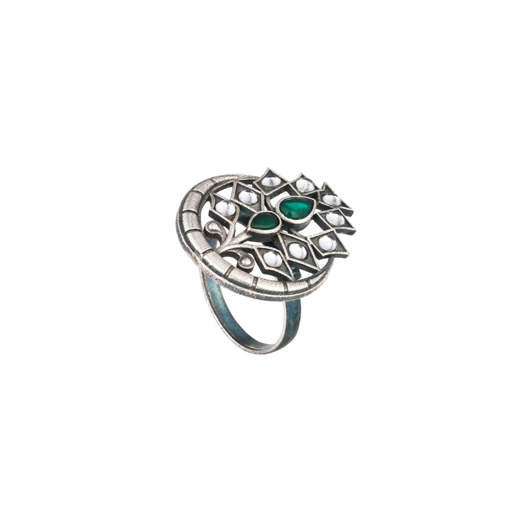 Crescent White & Green Stone adjustable finger ring