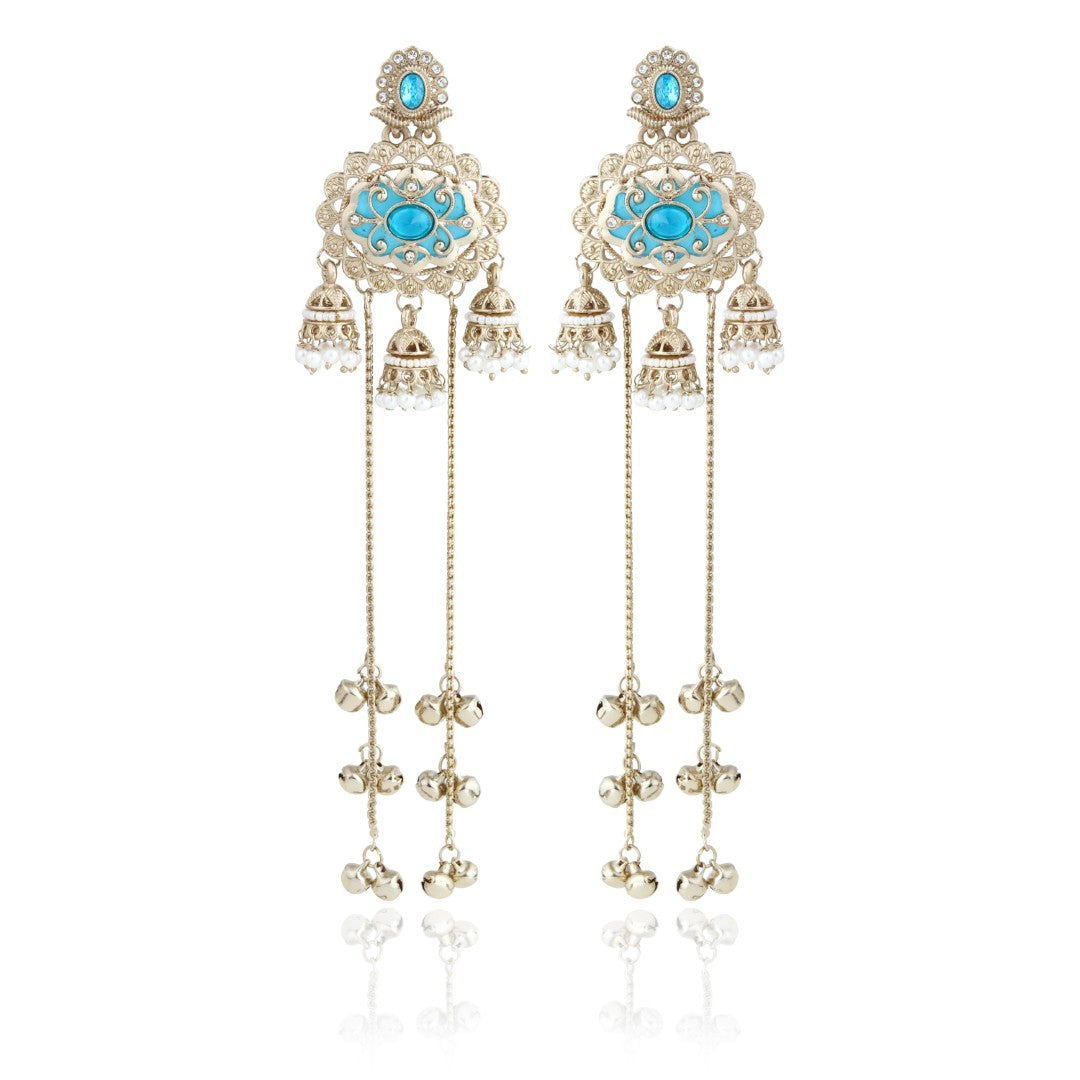 Gold-Toned Long Drop Earrings with Turquoise Stone Accents