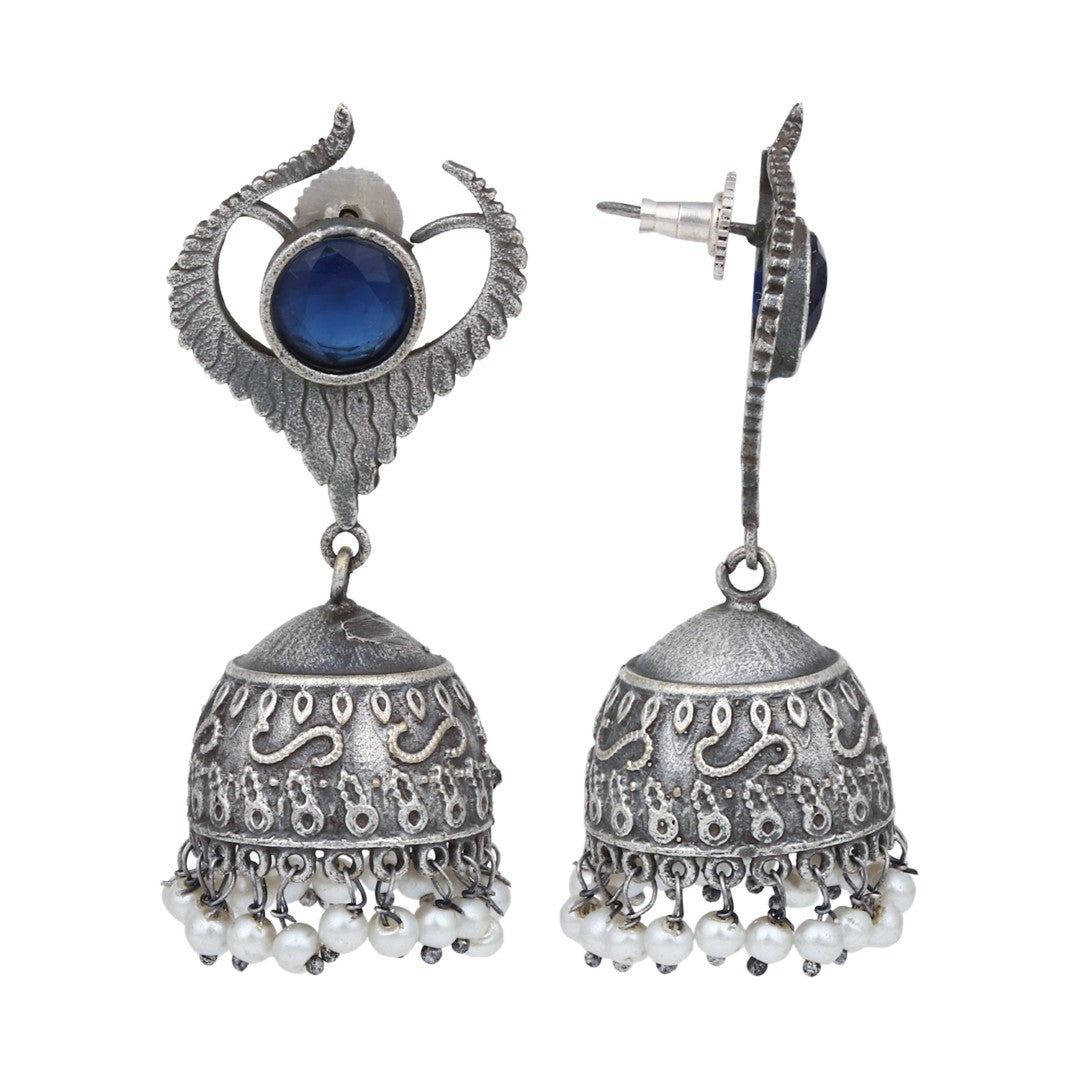 Blue Stone Oxidized Jhumka Earrings