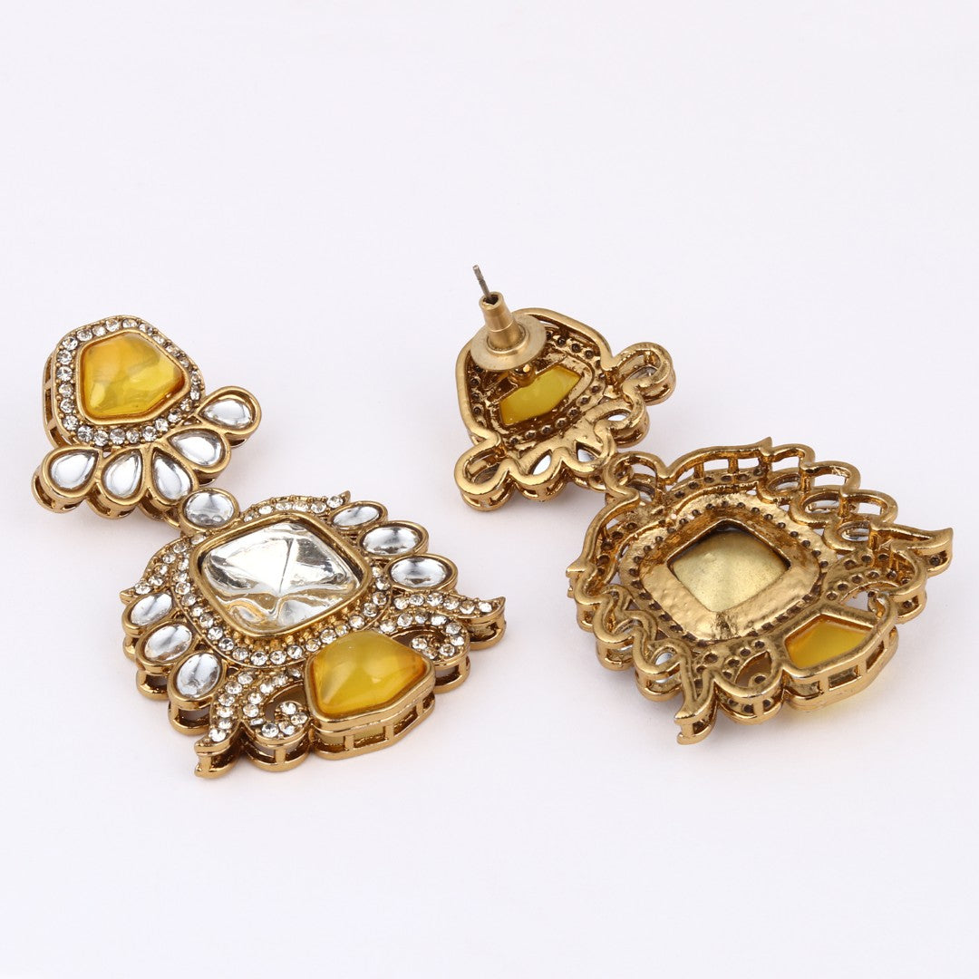 Gold plated kundan Drop Earrings Yellow
