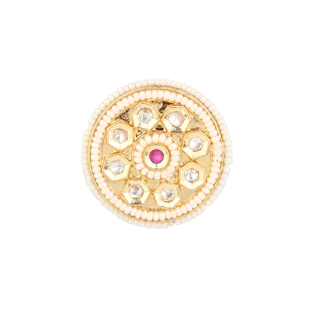 Brass Kundan Floral Pearl-Edge Ring