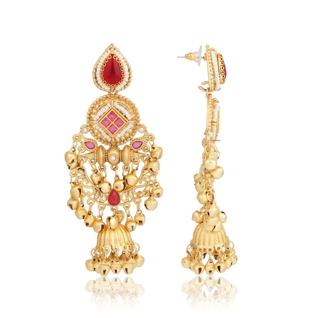 Kundan Chandbali Jhumka Earrings with Ghungroo Red