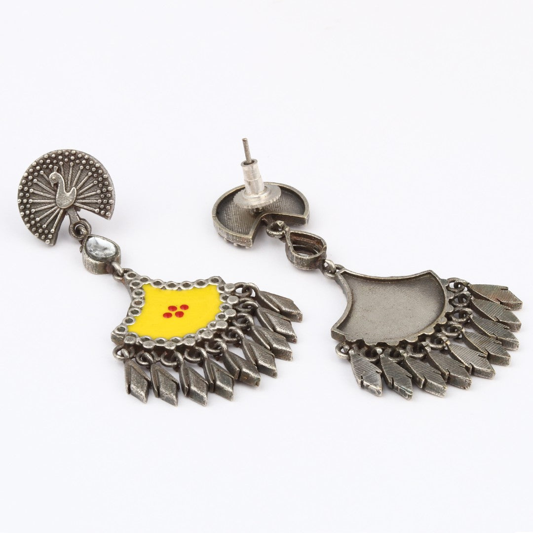 Silver Oxidised finish yellow hand painted drop earring
