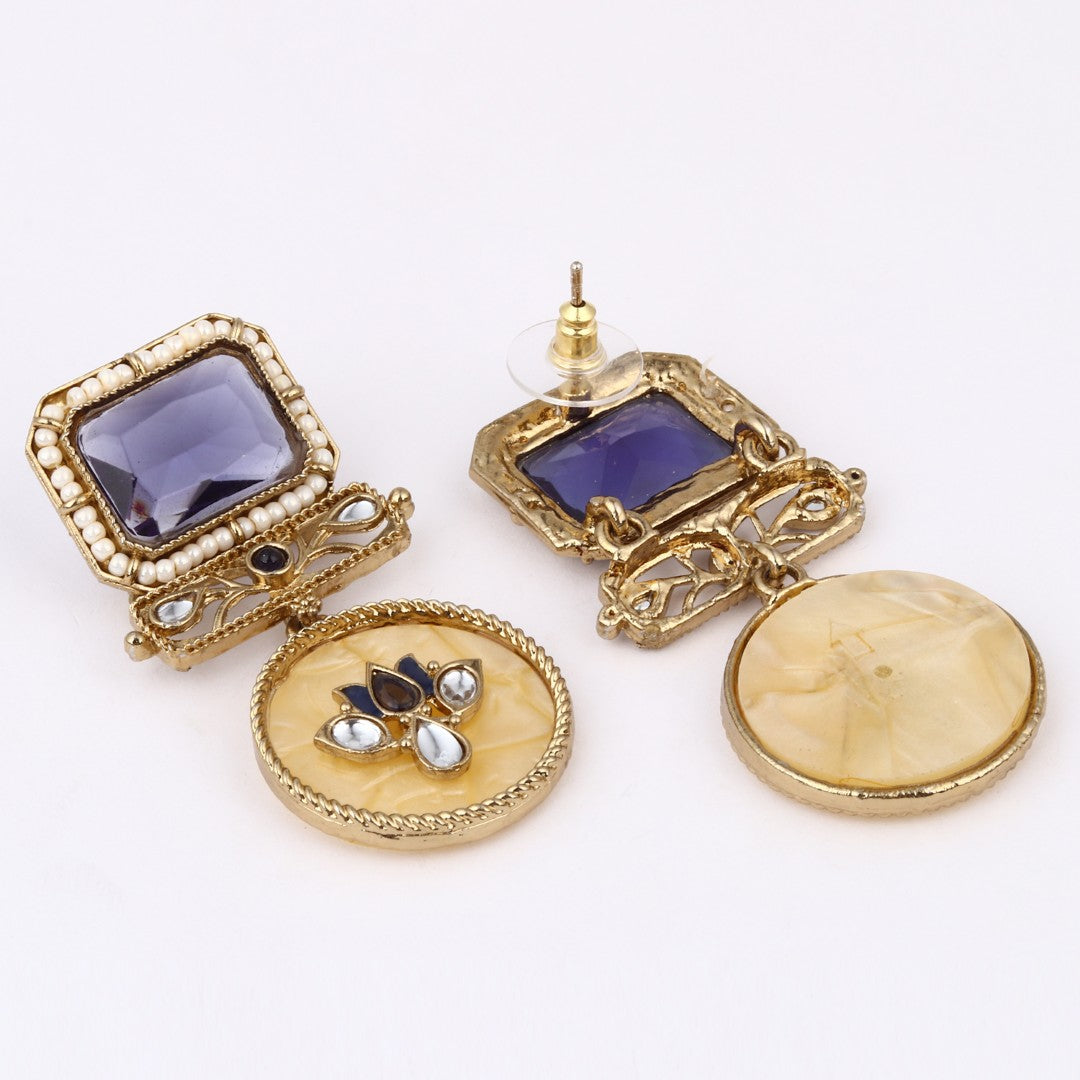 Gold-Plated Geometric Drop Earrings with MOP Filigree Blue