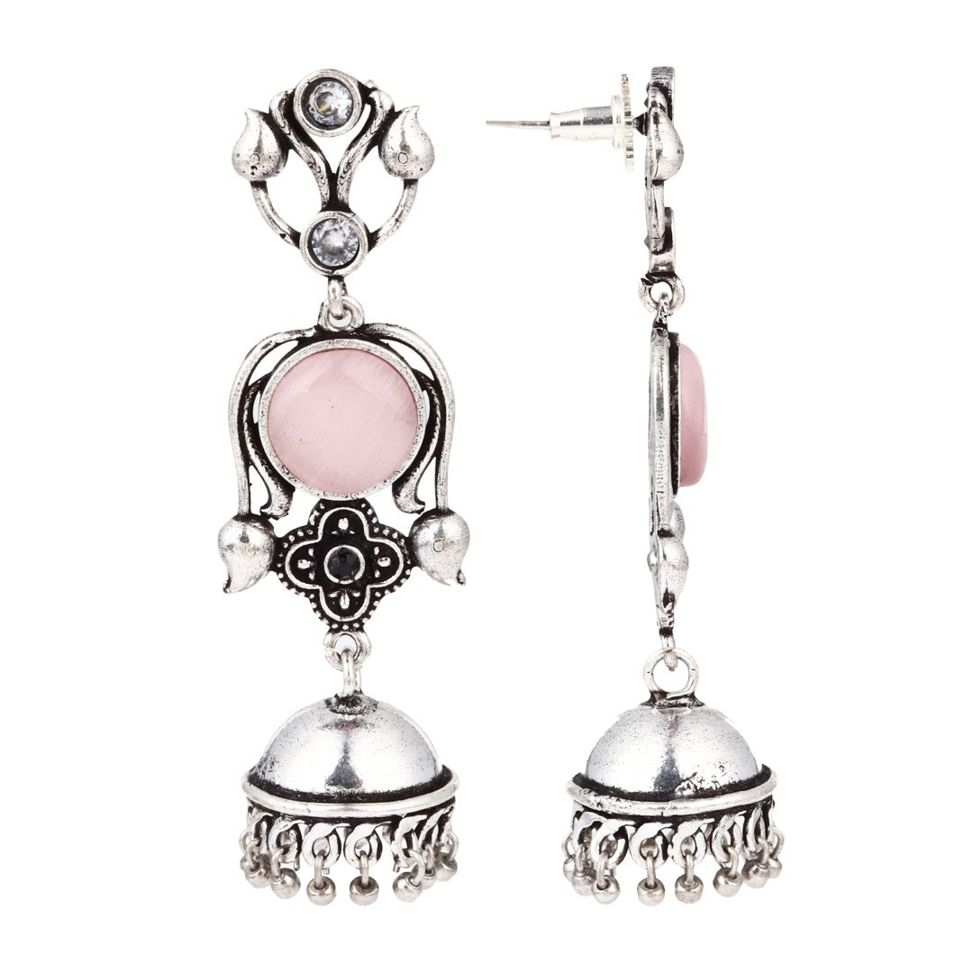 Silver oxydised lightweight long Jhumka Pink