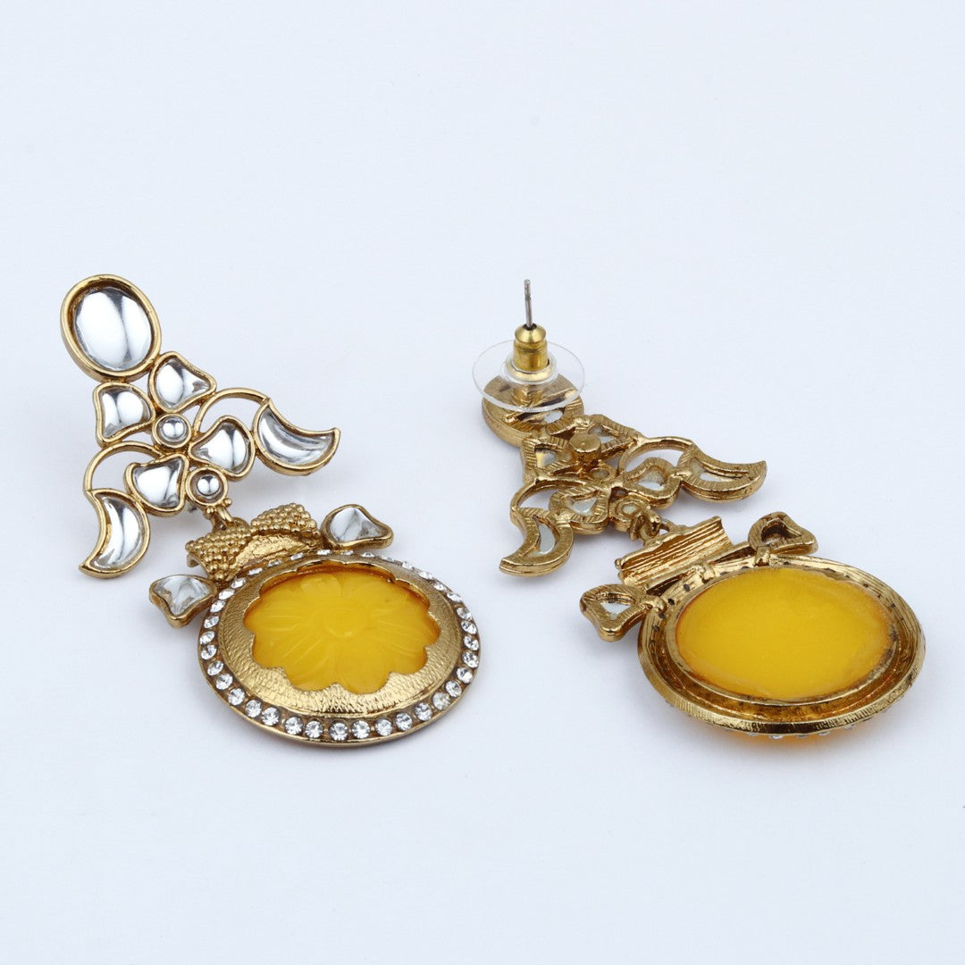 Aarna Yellow Floral Kundan Drop Earrings