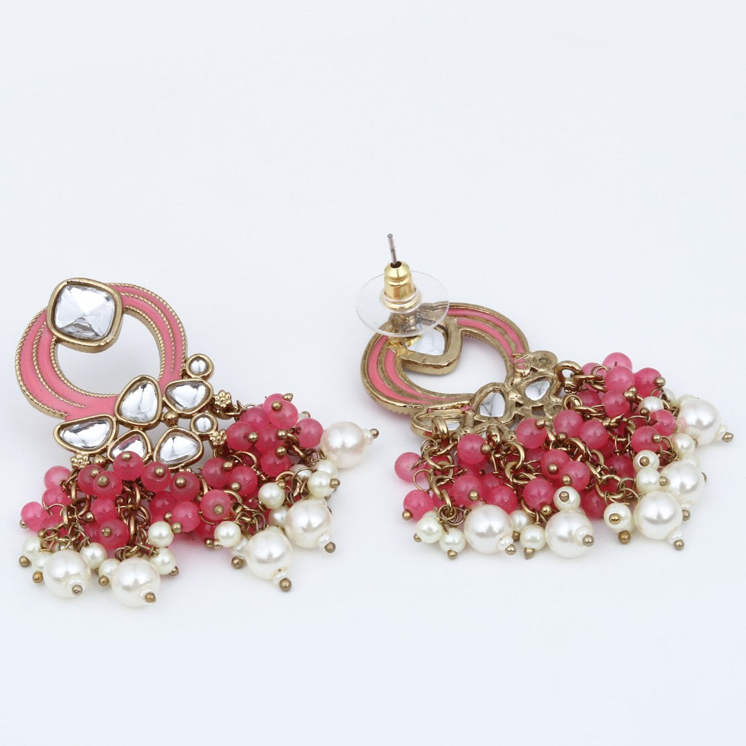 Gold-Plated Meenakari Stud Earrings with Kundan & Pearl Cluster drops - Pink