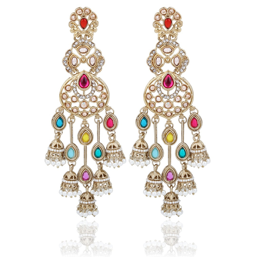 Gold-Toned Multicolour Kundan Chandelier Earrings
