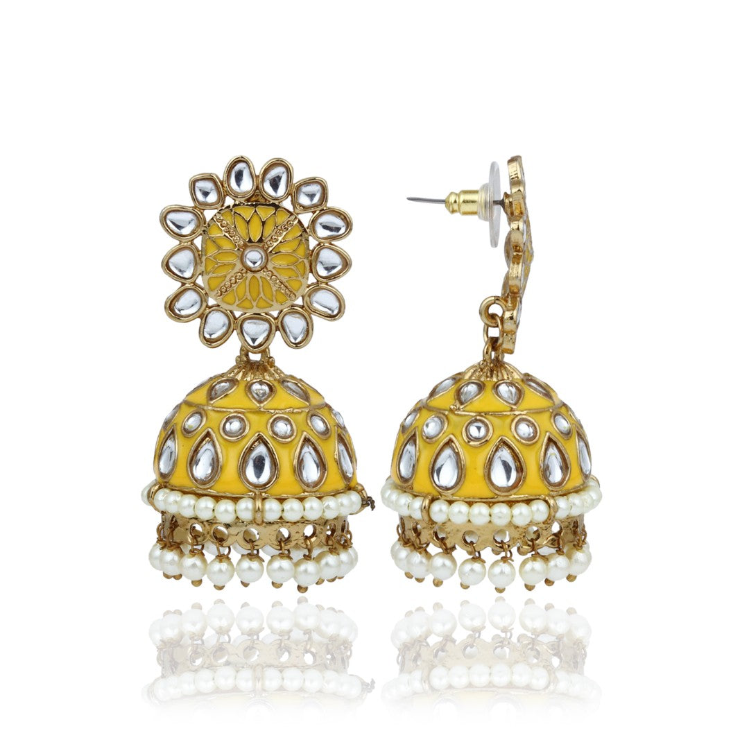 Kesari Yellow Meenakari Jhumka Earrings