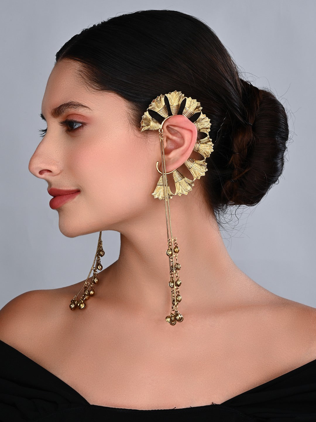 Ira Gold Floral Ear Cuff Chain Earrings