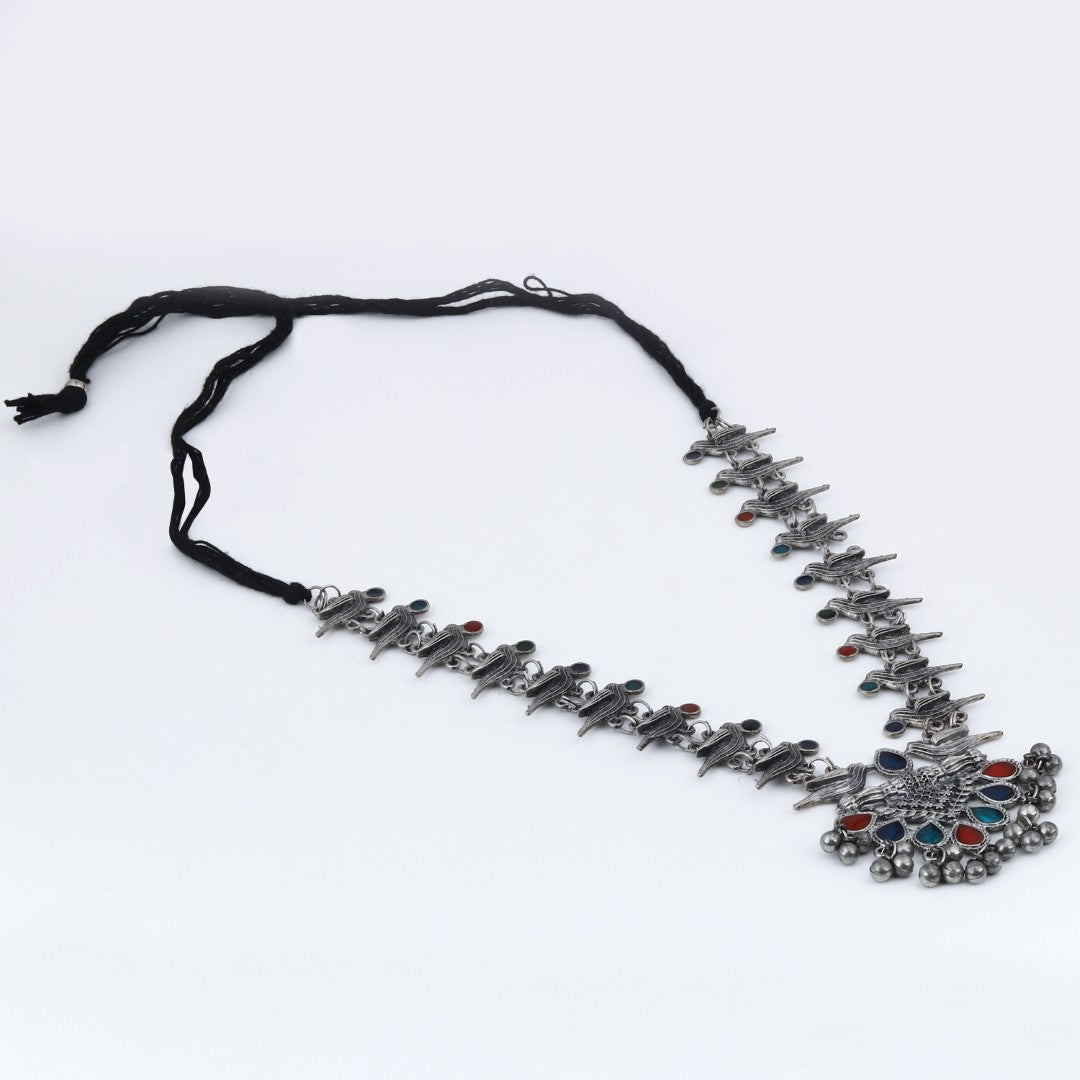 Silver Oxidised Finish Meenakari Jewellery Set
