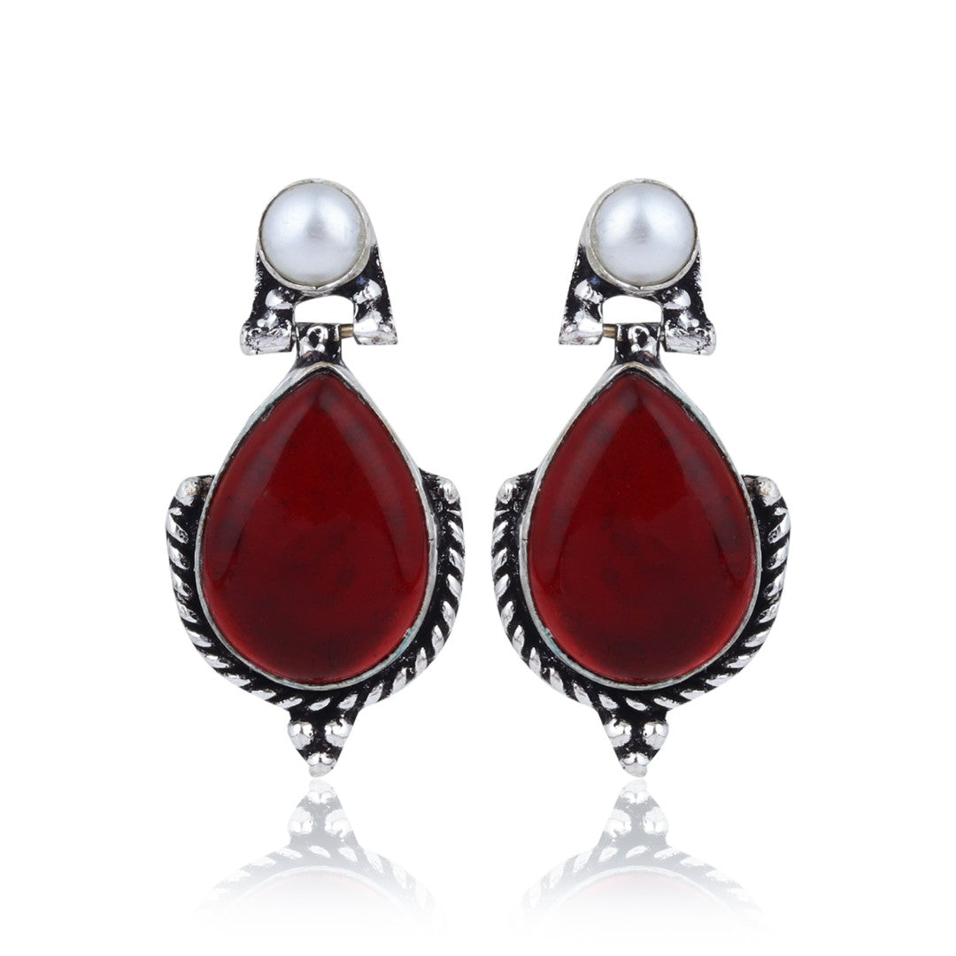 Pearl & Stone tear drop earring - Red