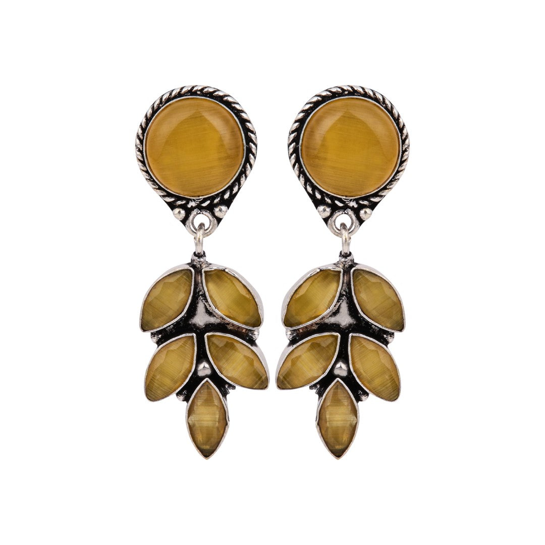 Silver Oxydised finish Yellow stone work drop earring