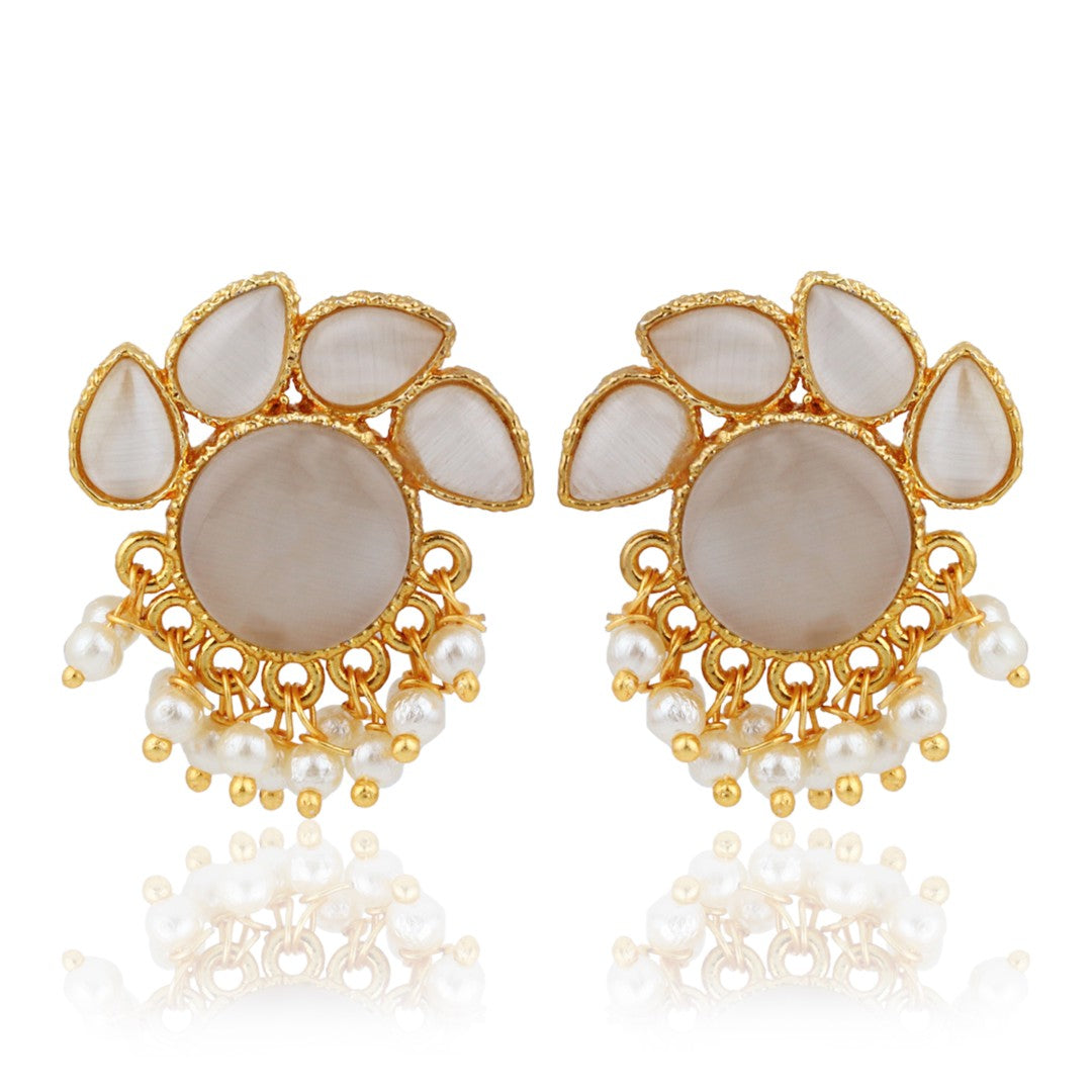 Stone Gold-Toned Earrings with Pearl Drops - Ivory
