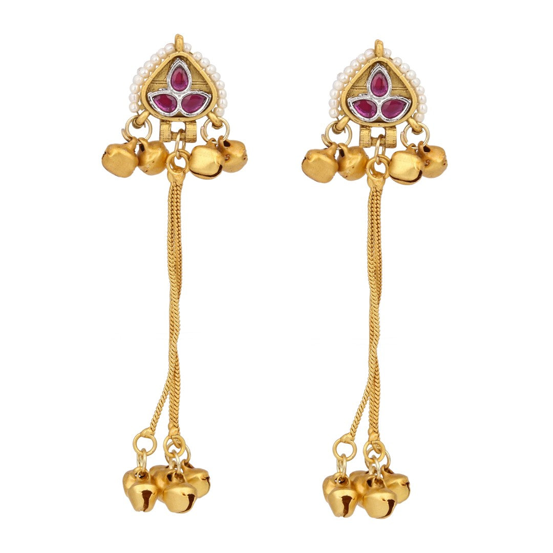 Gold-Plated Temple Bell Earrings- Red