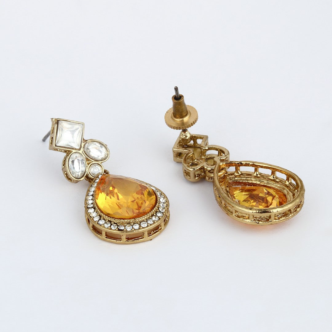 Gold-Toned Teardrop Kundan Crystal Drop Earrings for Women Yellow