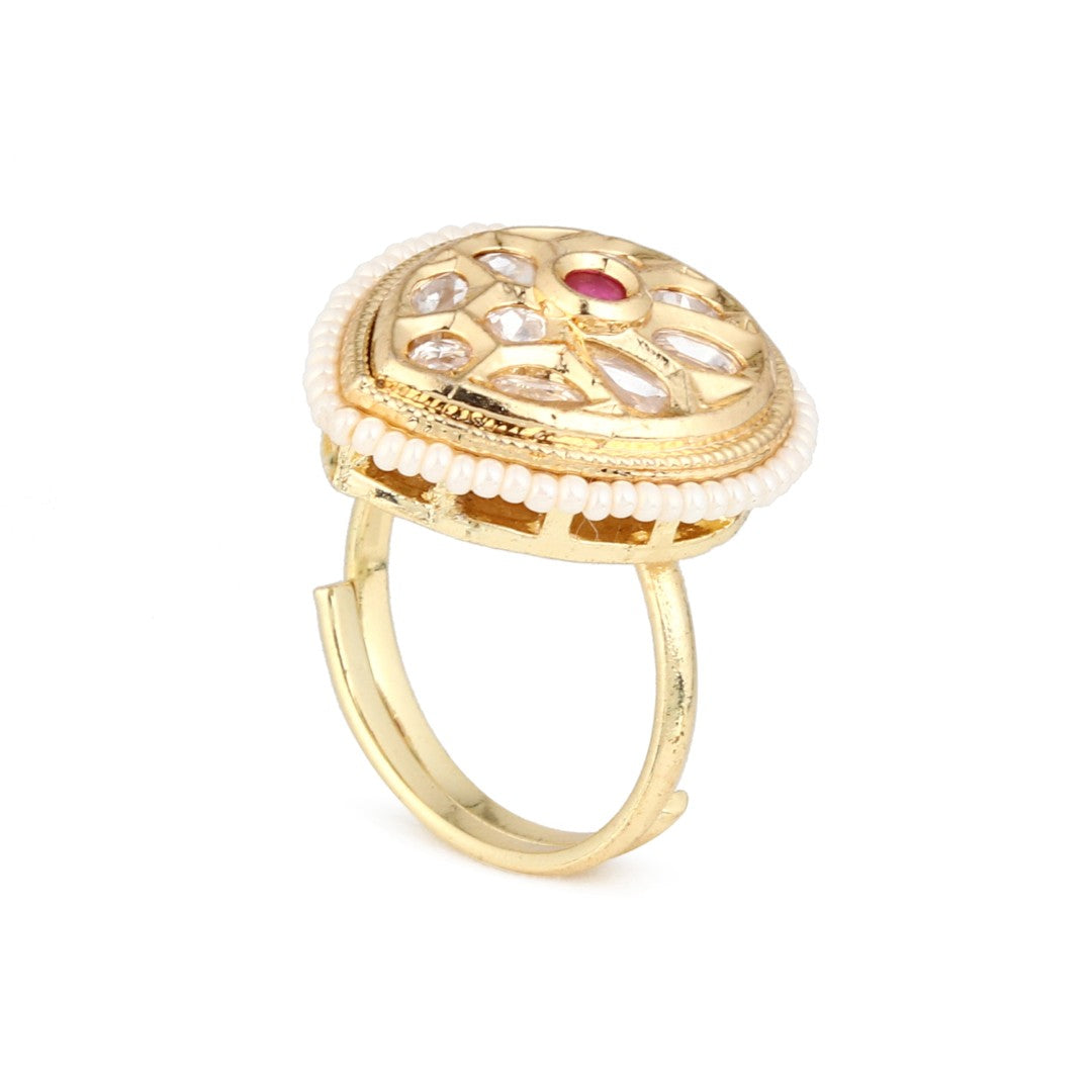 Teardrop Kundan Floral Pearl Brass Ring