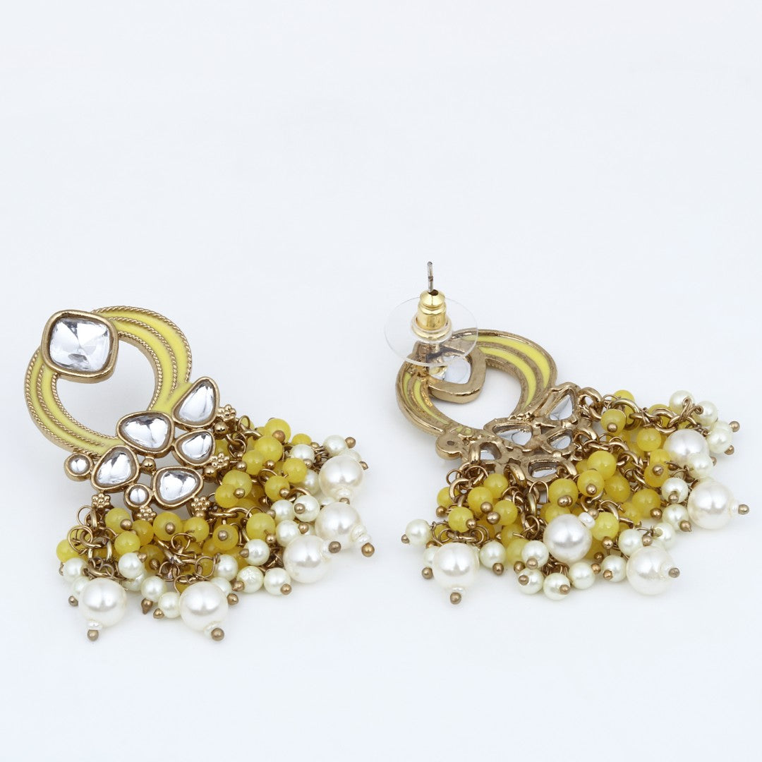 Gold-Plated Meenakari Stud Earrings with Kundan & Pearl Cluster drops - yellow