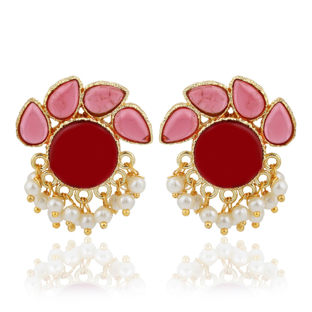 Stone Gold-Toned Earrings with Pearl Drops - Red