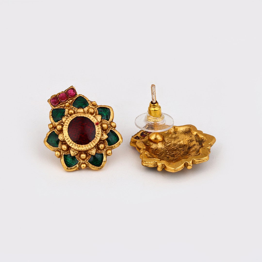 Antique Gold Goddess Motif Temple Necklace Set Red