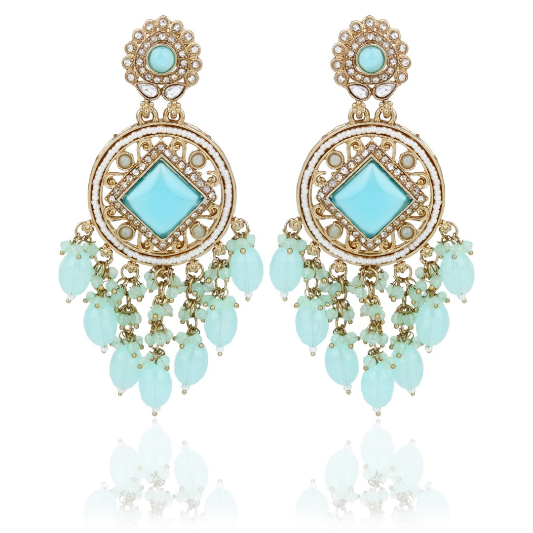 Gold-Toned Kundan Drop Earrings with Turquoise Stones and Bead Fringe