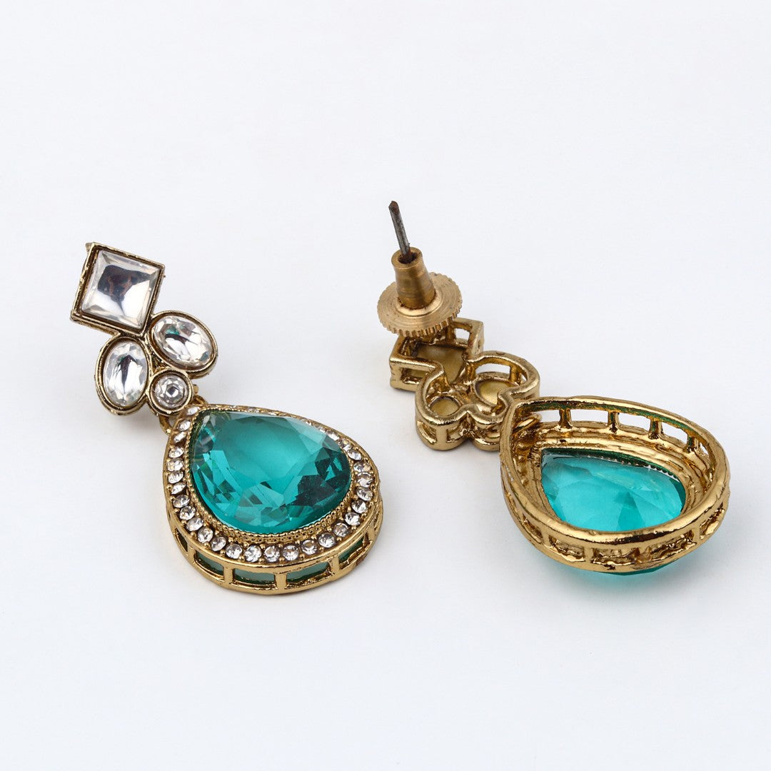 Gold-Toned Teardrop Kundan Crystal Drop Earrings for Women Blue