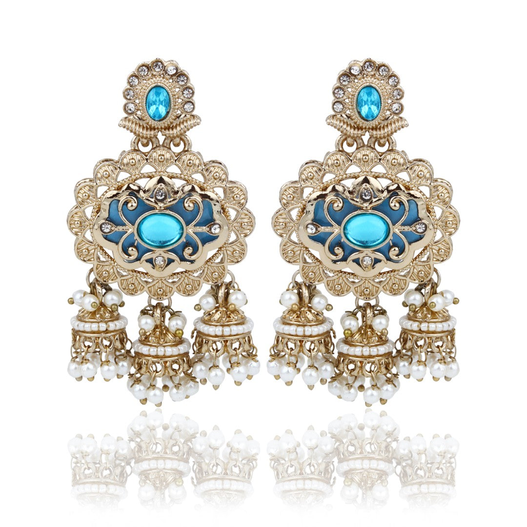 Gold-Toned Kundan Chandelier Earrings with Turquoise Stones
