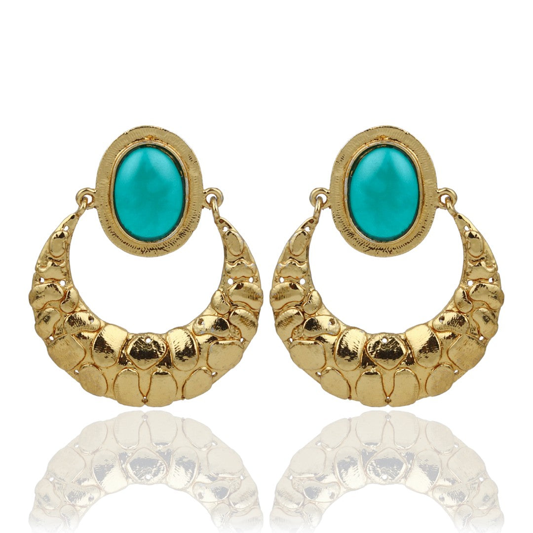Kiara Teal Stone Textured Gold Hoop Earrings