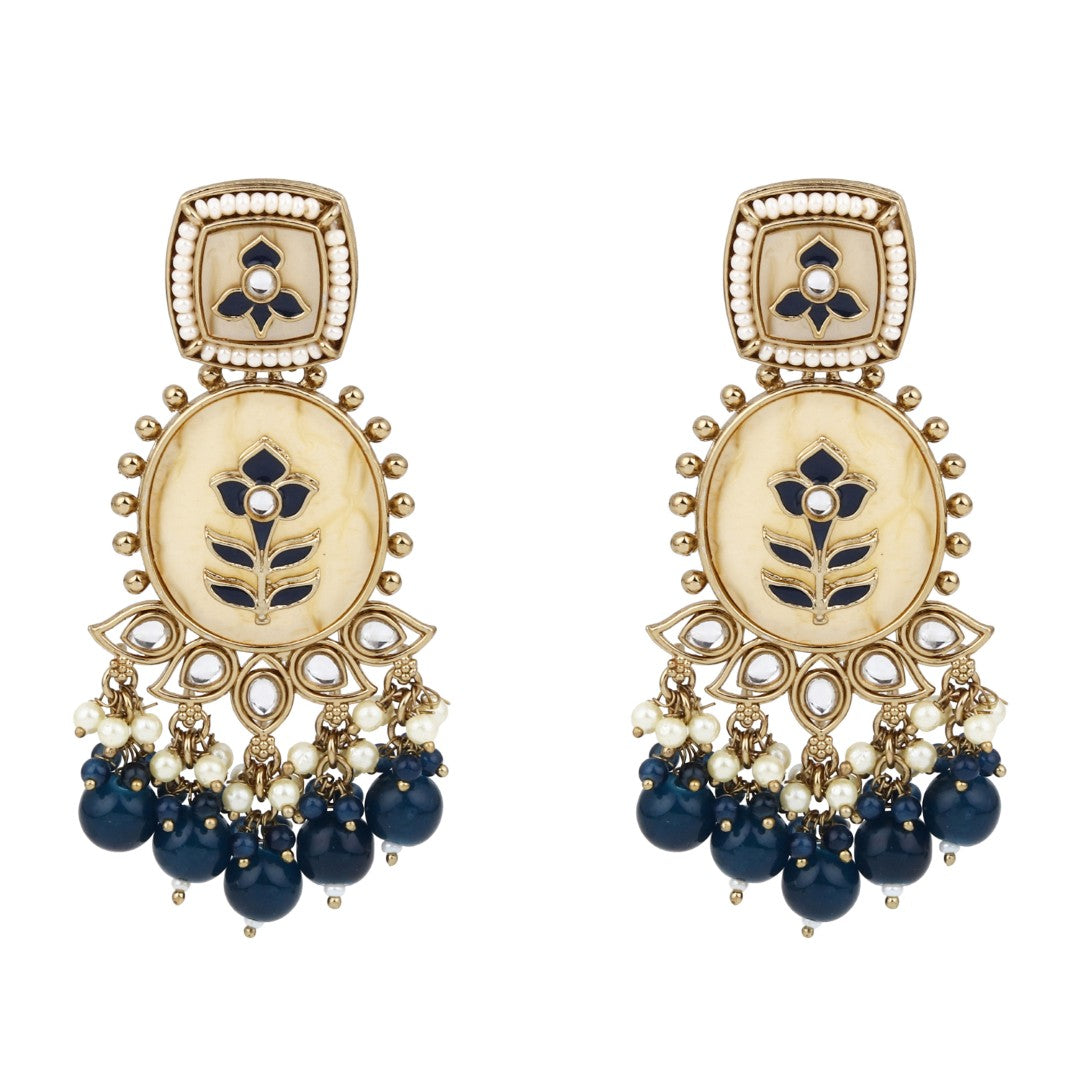Contemporary kundan, MOP & Meenakari Drop Earring Blue