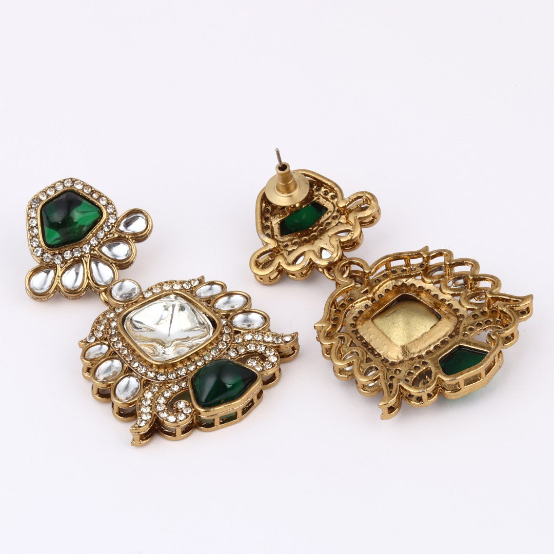 Gold plated kundan Drop Earrings Green