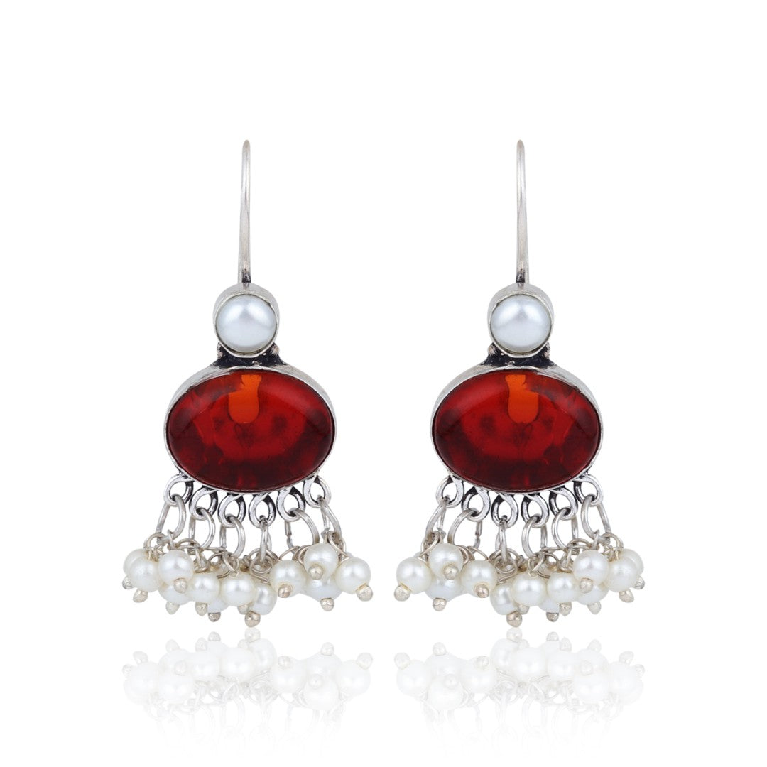 Red Blue Stone Pearl Fringe Drop Earrings