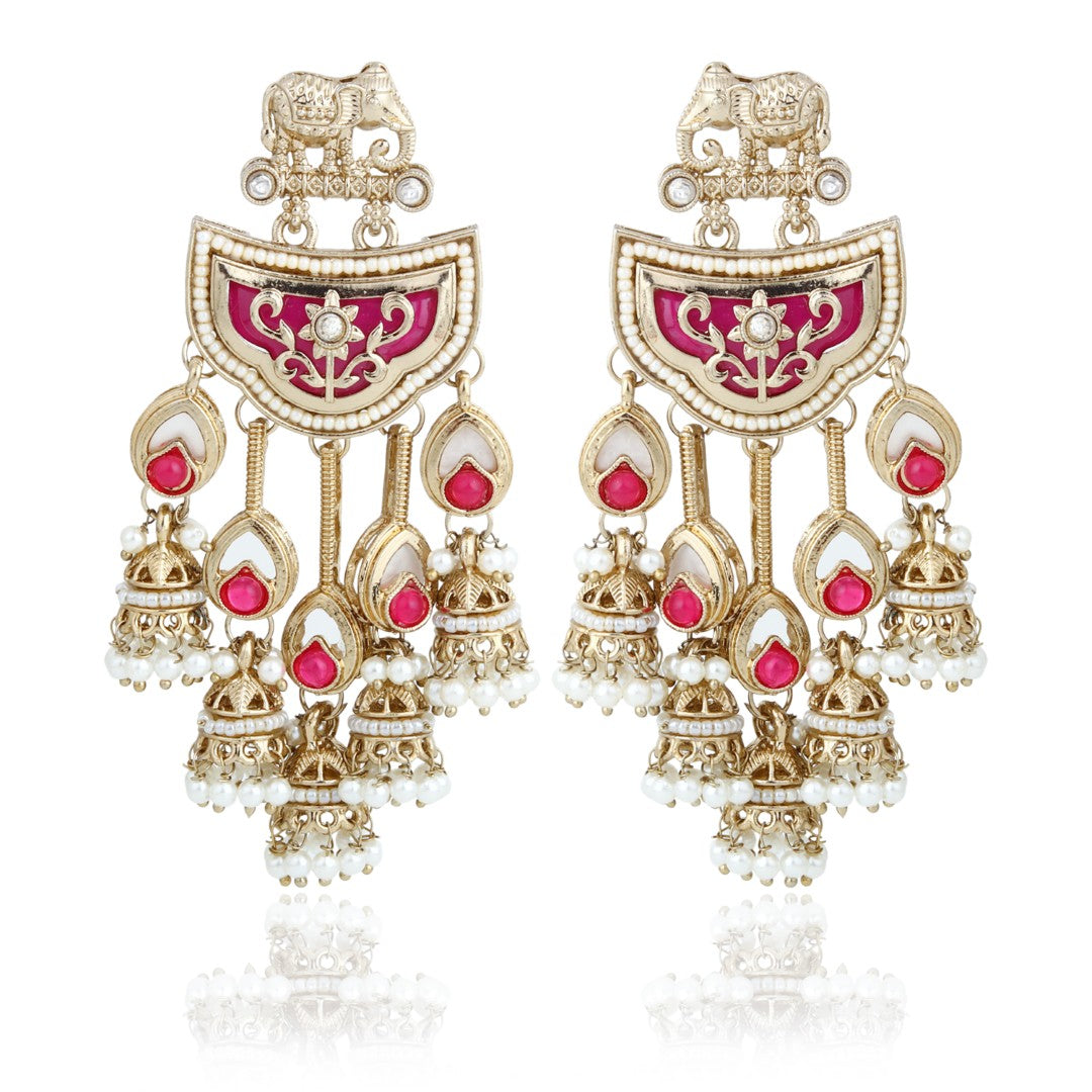 Gold-Toned MOP Chandelier Earrings with Jhumka Drops Pink