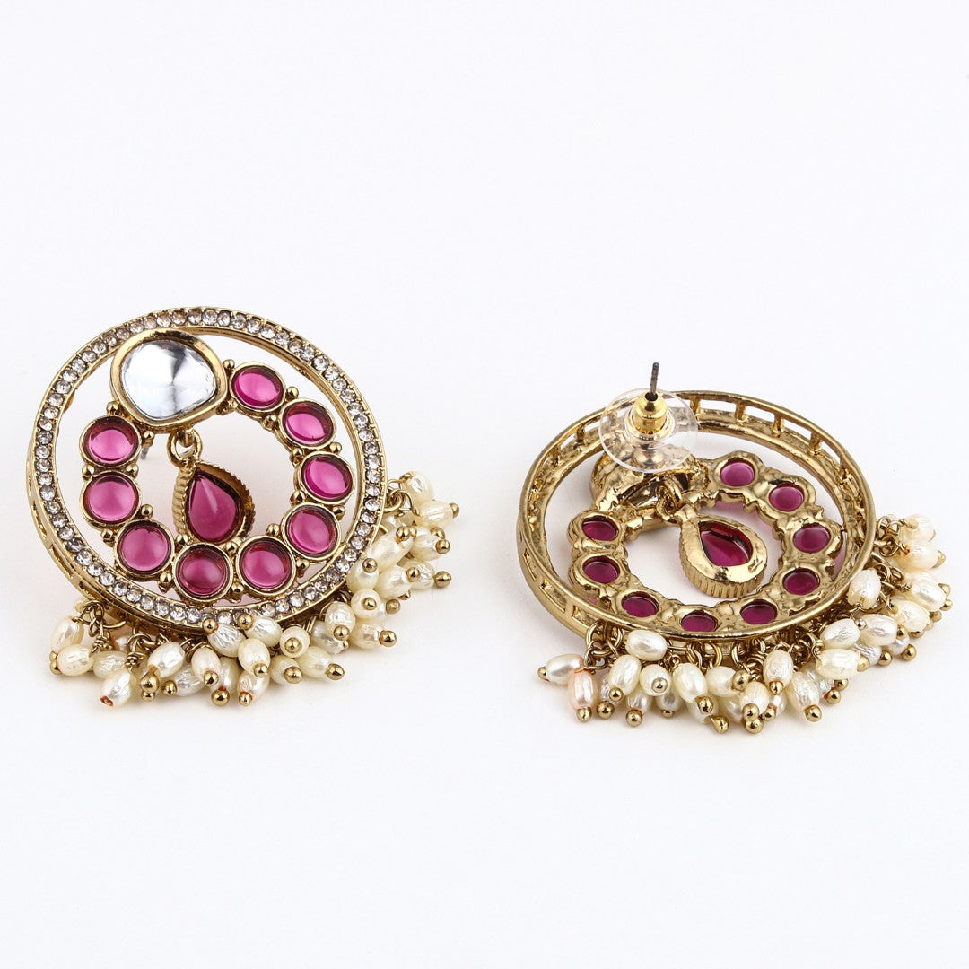 Regal Kundan Pearl Chandbali Earrings - Wine