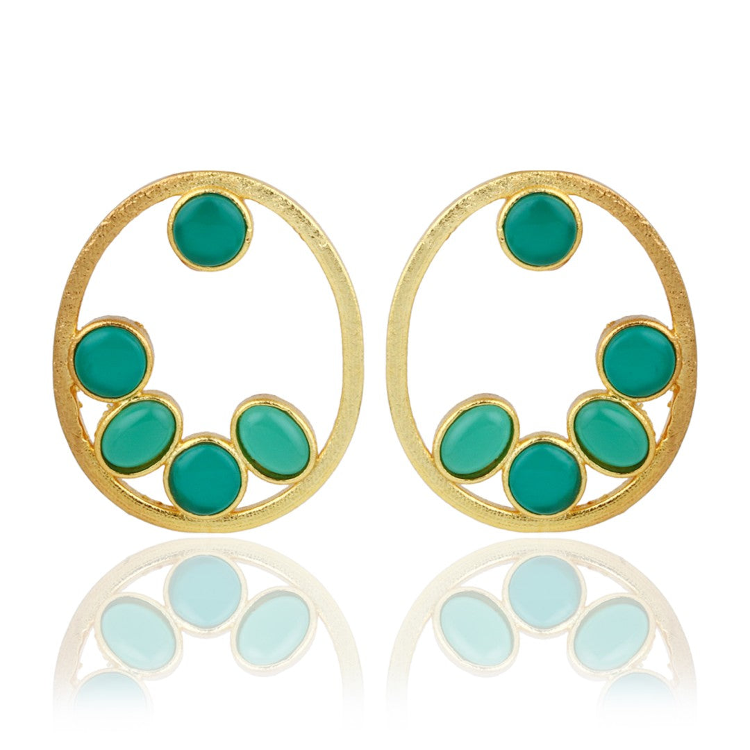 Green Stone Gold-Toned Oval Statement Earrings