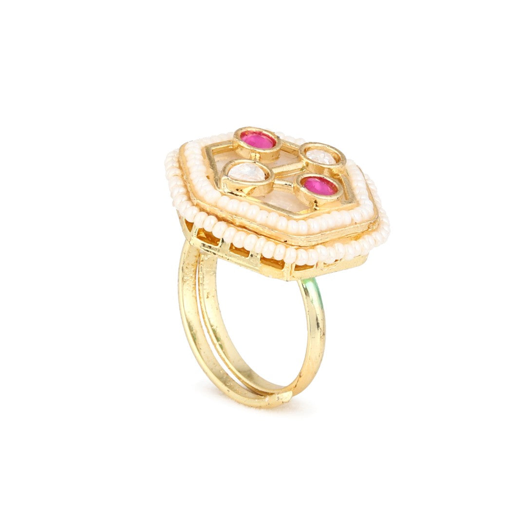 Hexagon Kundan Mother of Pearl Statement Ring