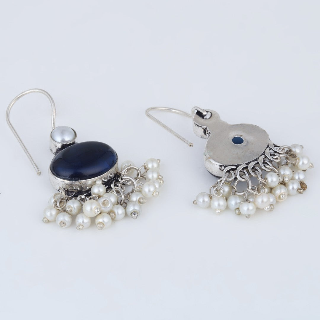 Navy Blue Stone Pearl Fringe Drop Earrings