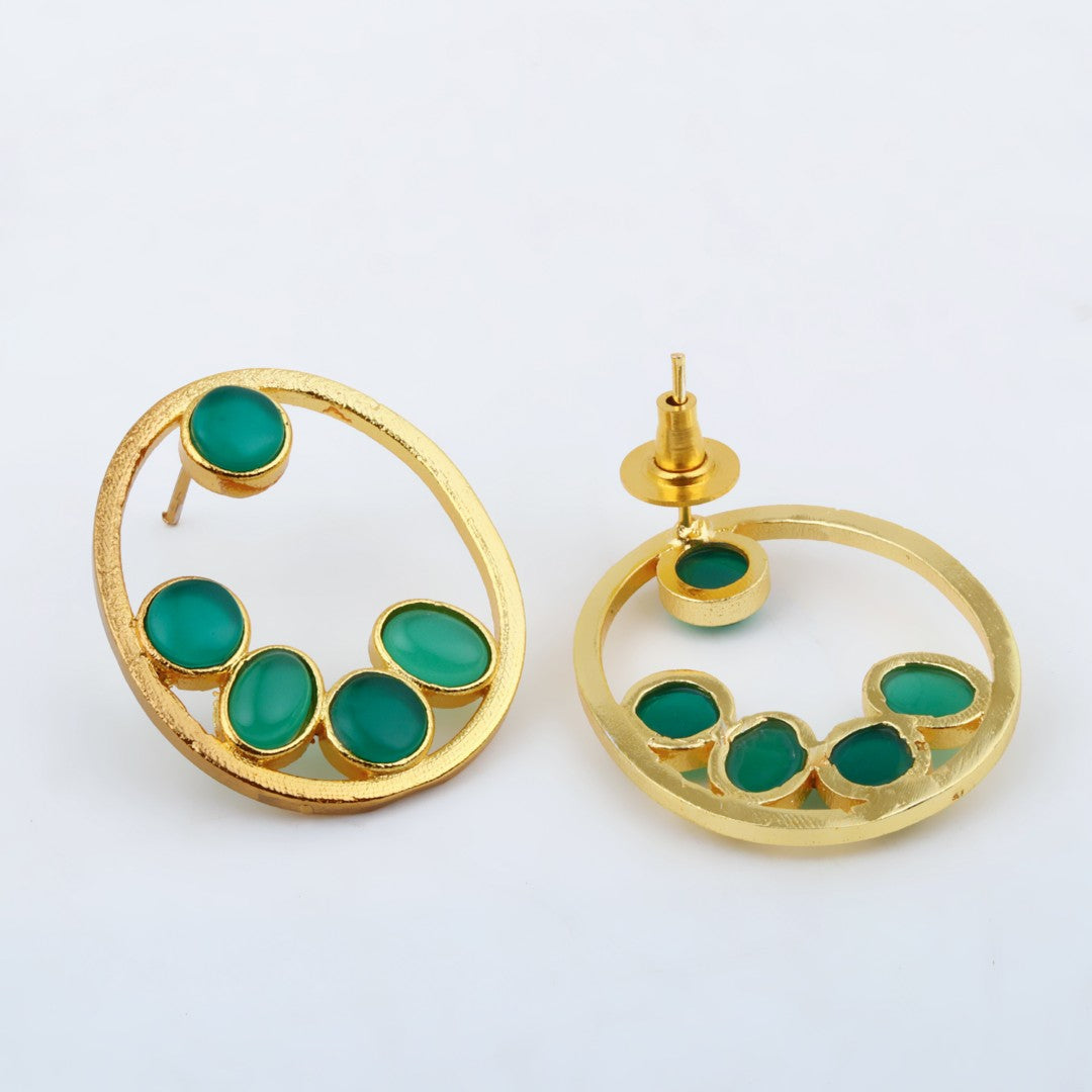 Green Stone Gold-Toned Oval Statement Earrings