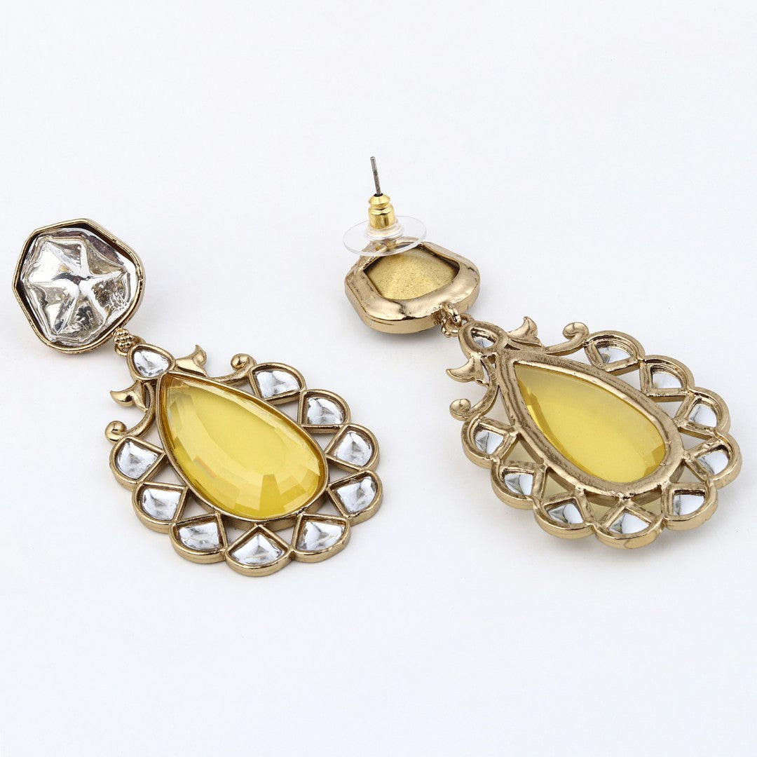 Gold-Plated Yellow Kundan Teardrop Earrings for Women