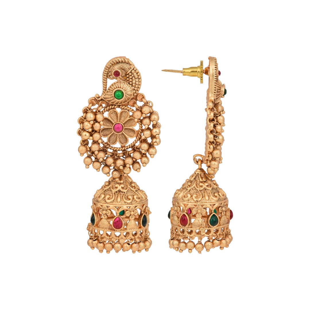 Gold plated temple bird & jhumka earring