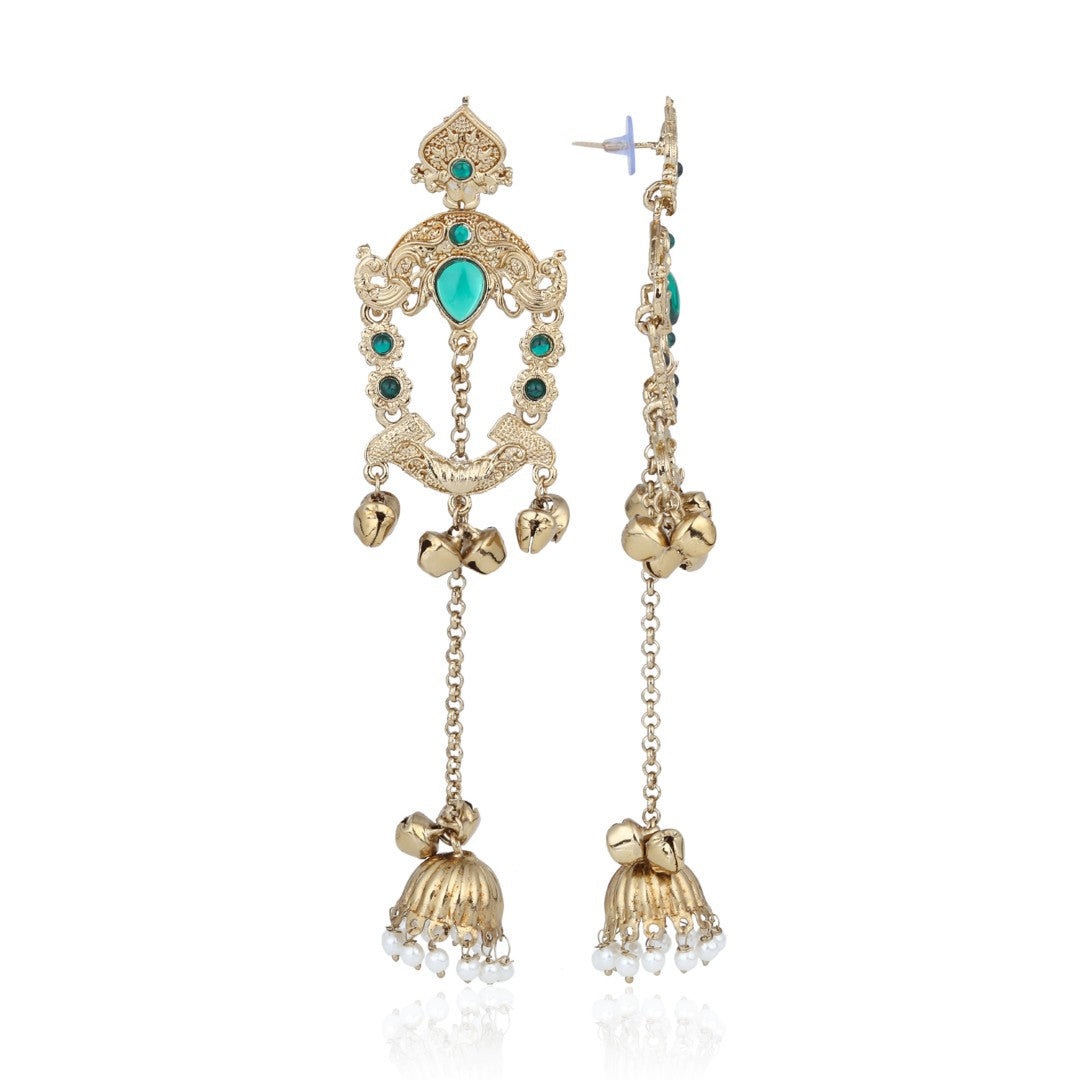 Green Kundan Chandbali Jhumka Drop Earrings