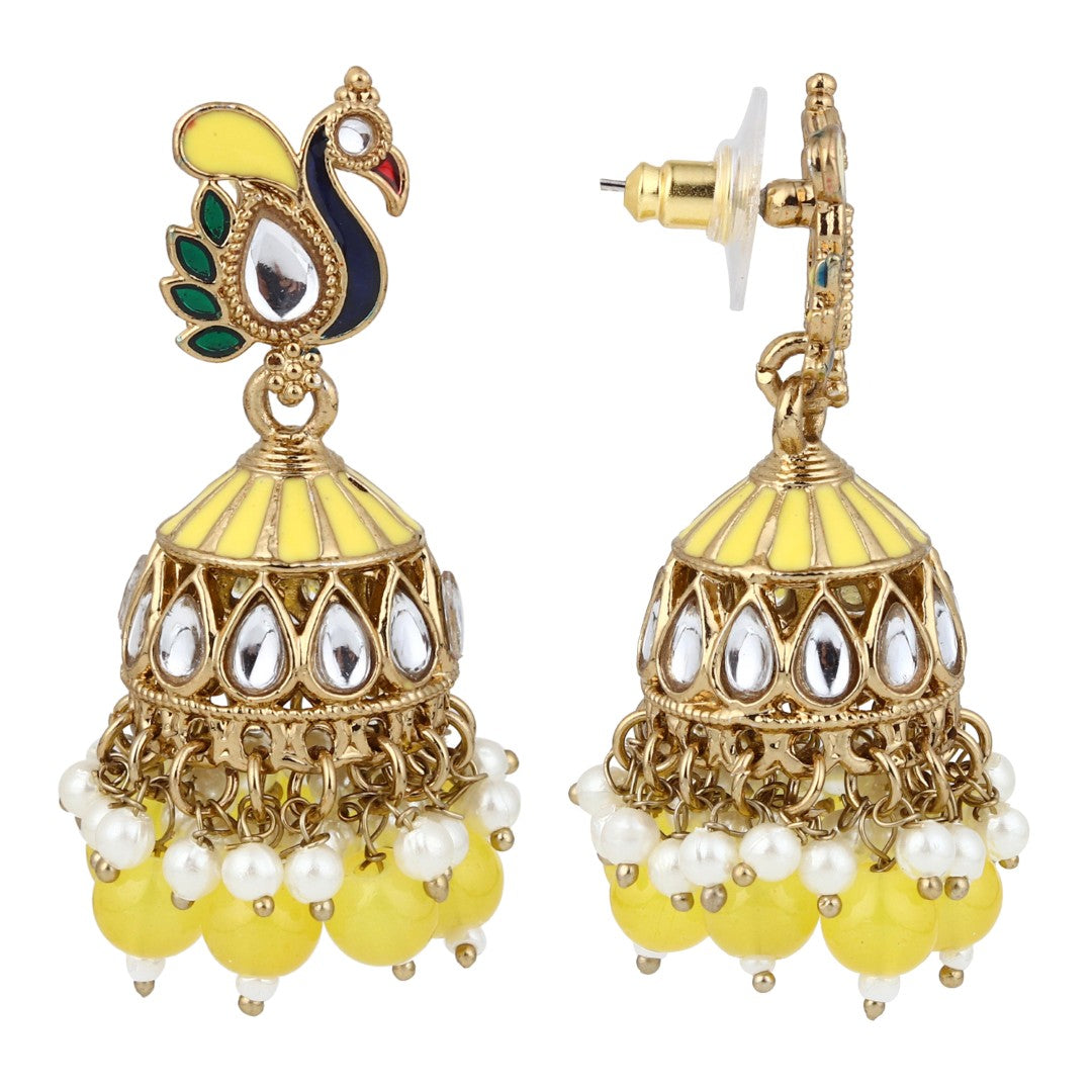 Peacock-inspired jhumka earrings- Yellow