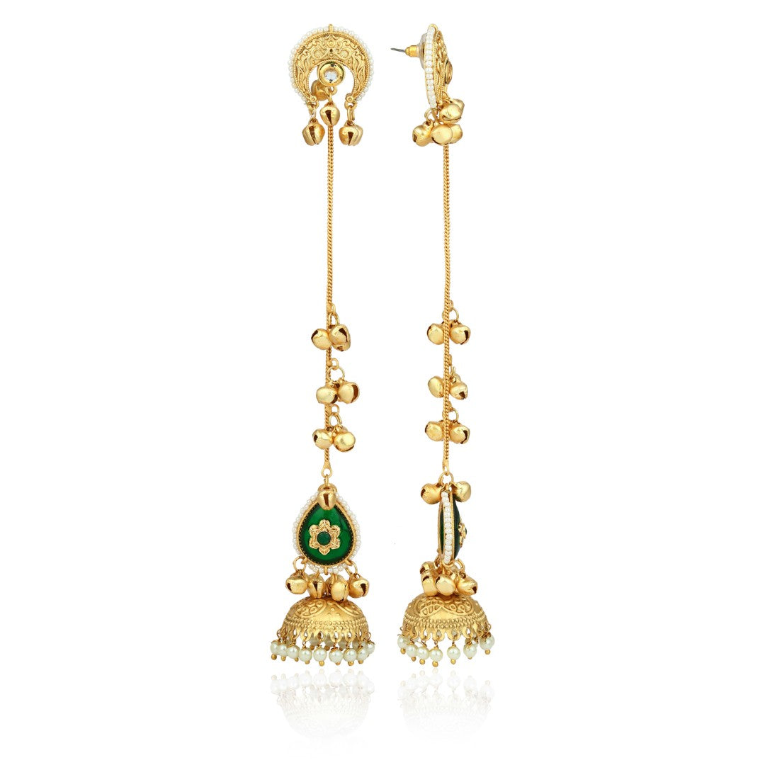 Gold plated Kshimiri long Jhumka Earrings Green