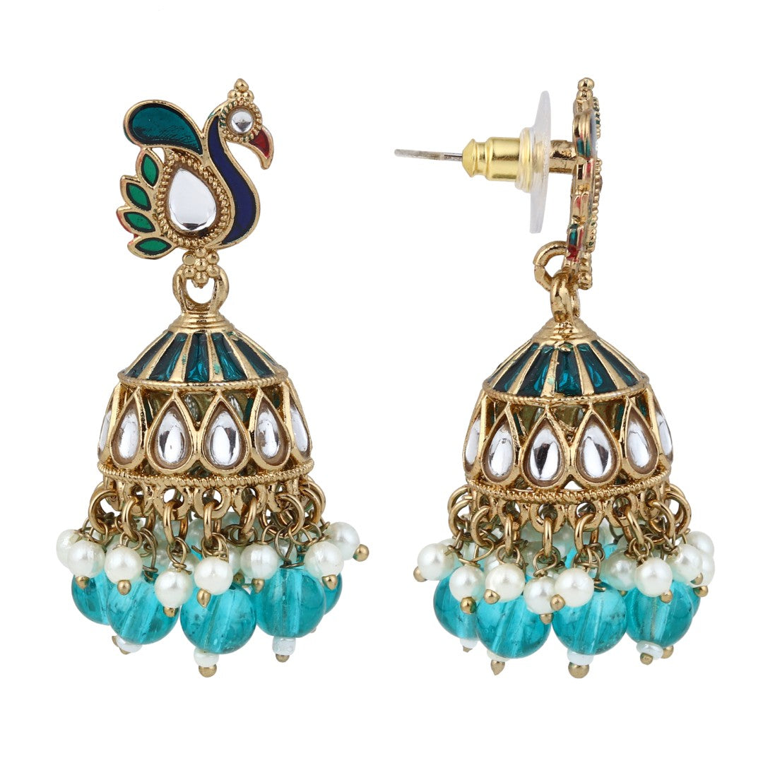 Peacock-inspired jhumka earrings- Blue