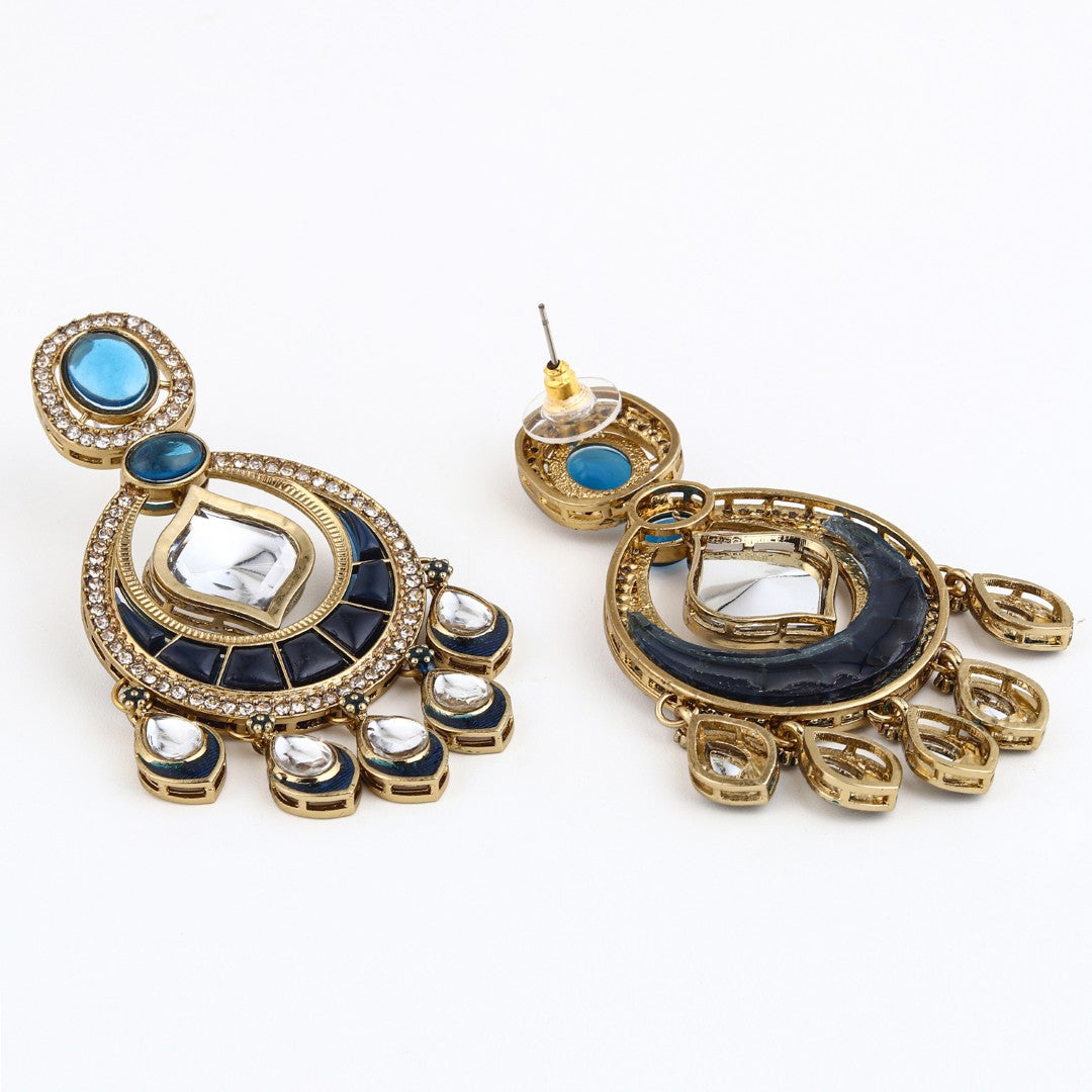 Kundan Chandbali Earrings with Teardrop Danglers- Navy