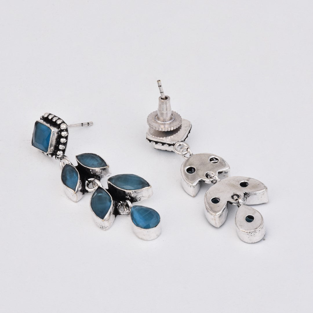 Silver Oxidized Leaf Drop Earrings Blue