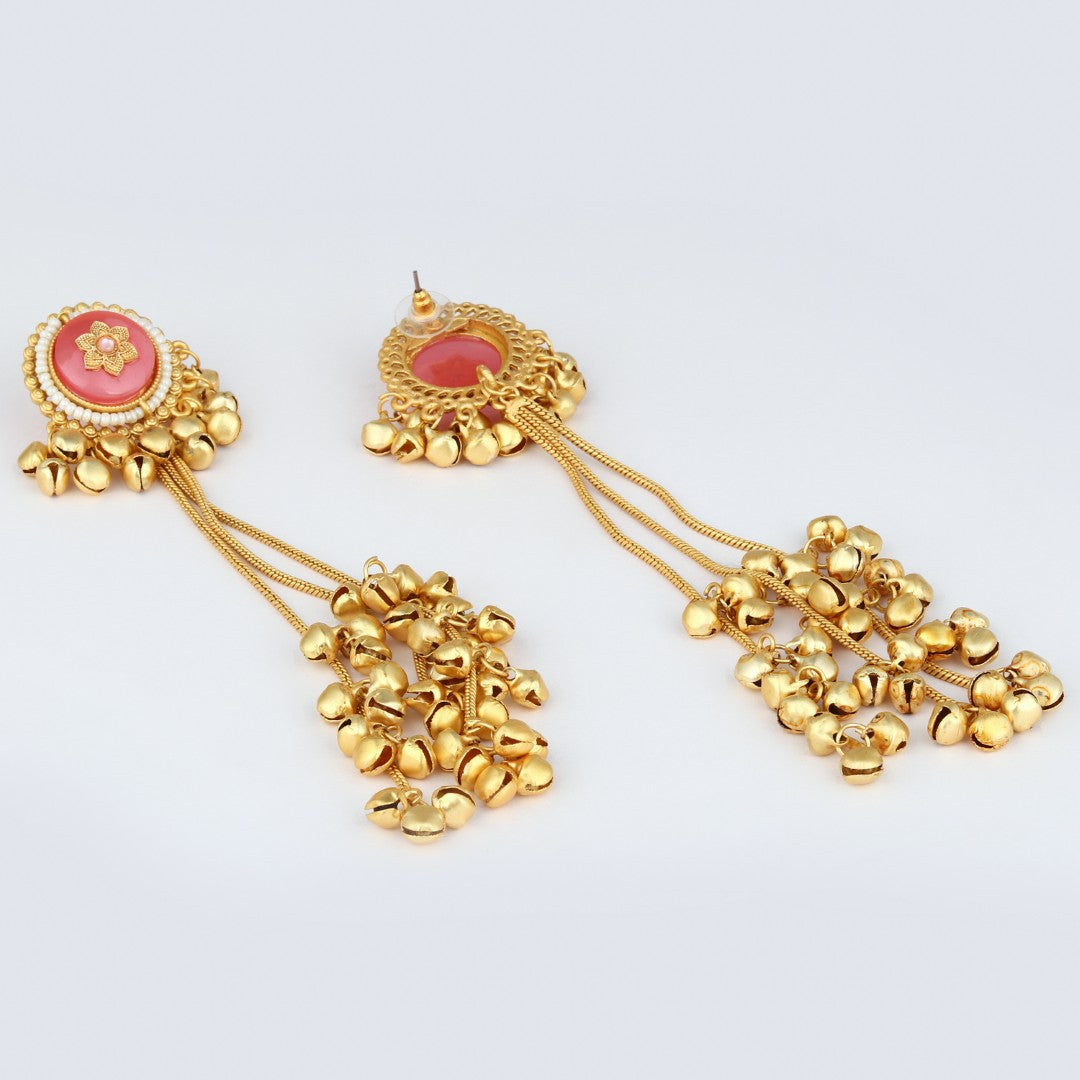 Gold plated Pink stone Kashmiri long earring